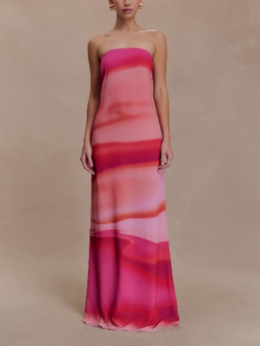 Meshki Amaya Strapless Chiffon Maxi Dress Pink Sunset Print, S M